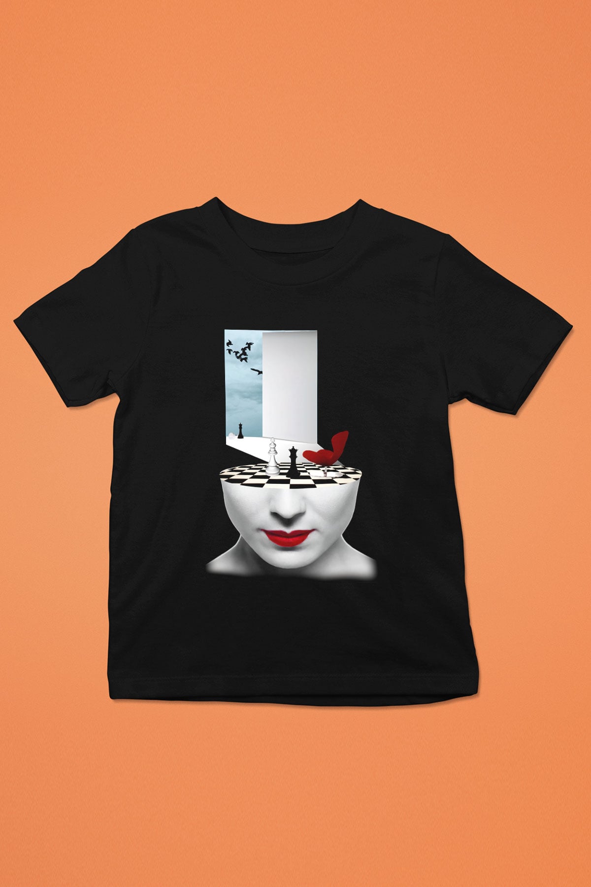 Satranç Baskılı Siyah Unisex Çocuk Tişört
