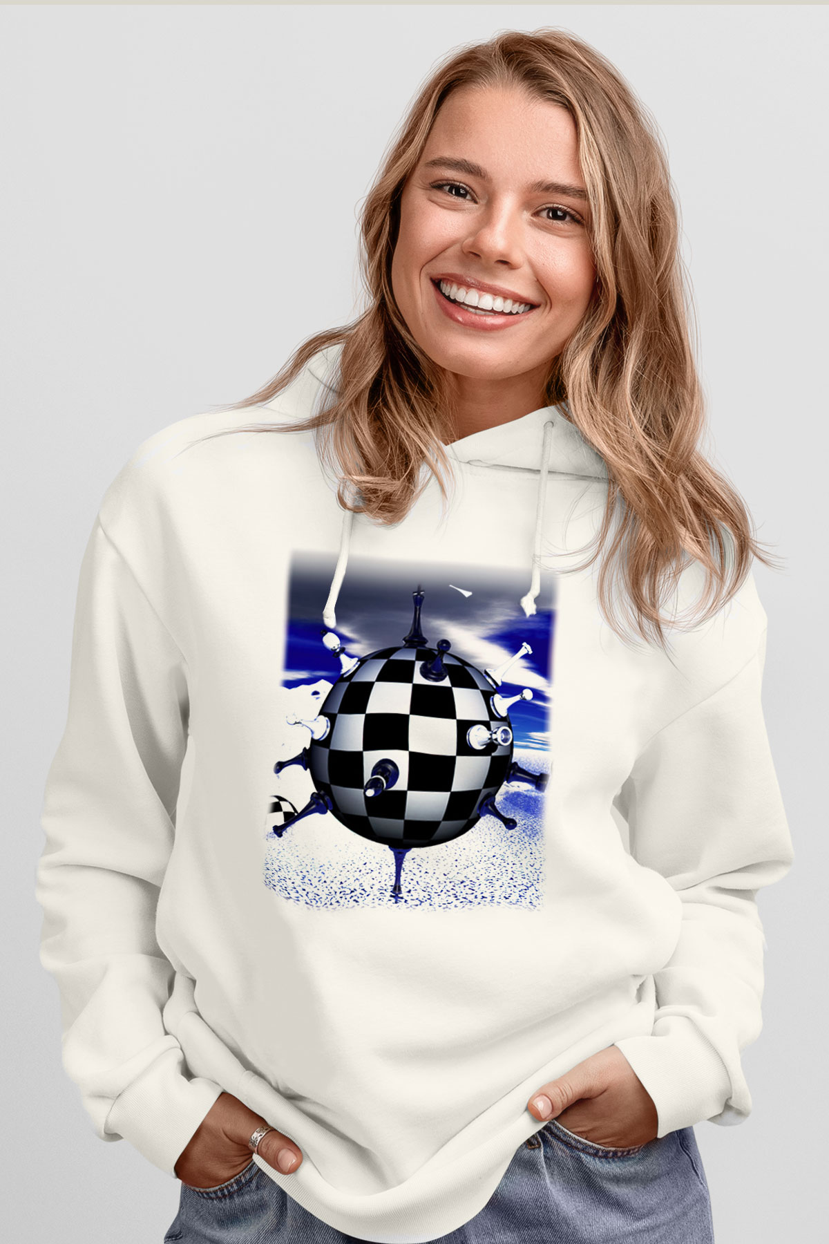 Satranç Beyaz Unisex Hoodie