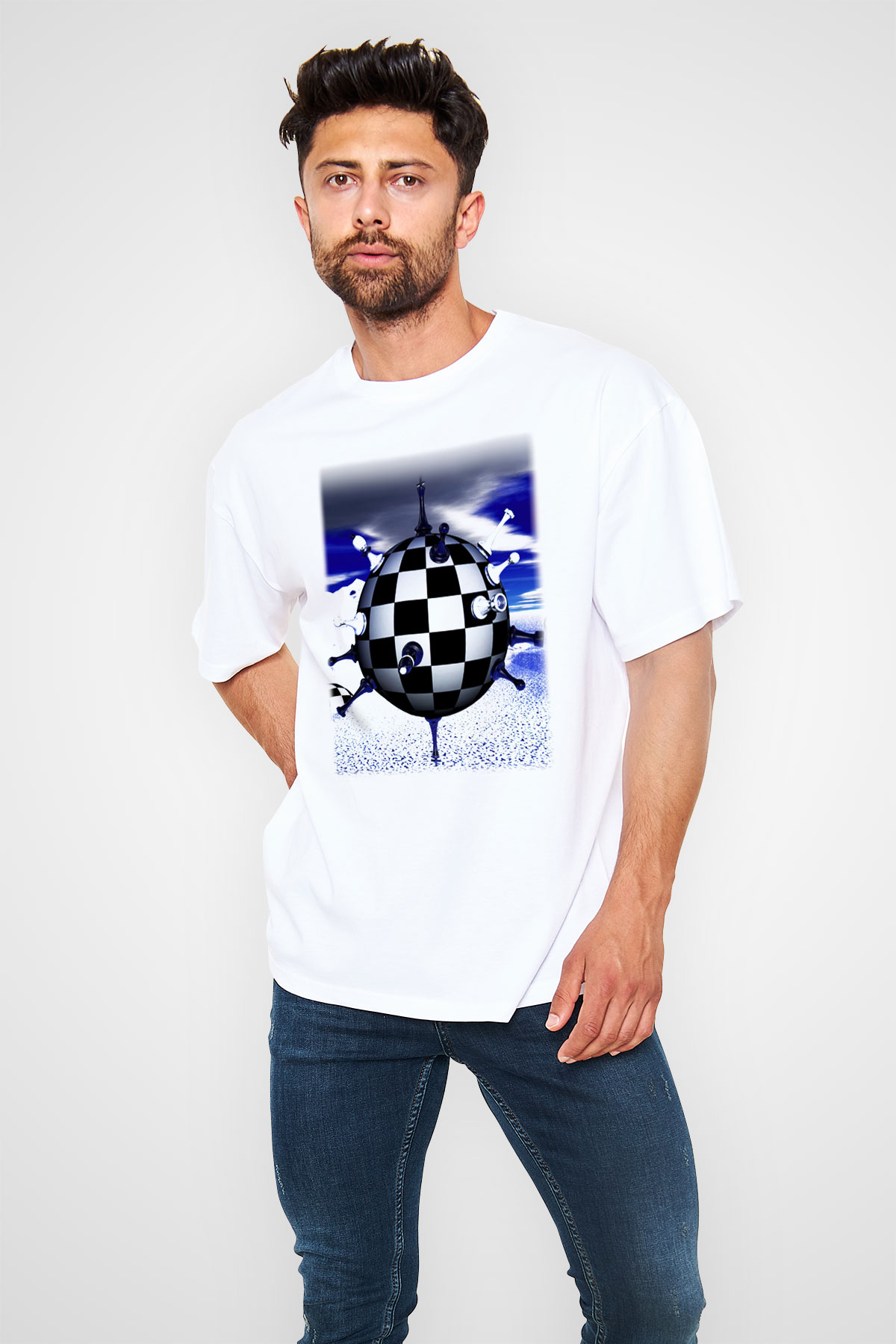 Satranç Beyaz Unisex Oversize Tişört T-Shirt