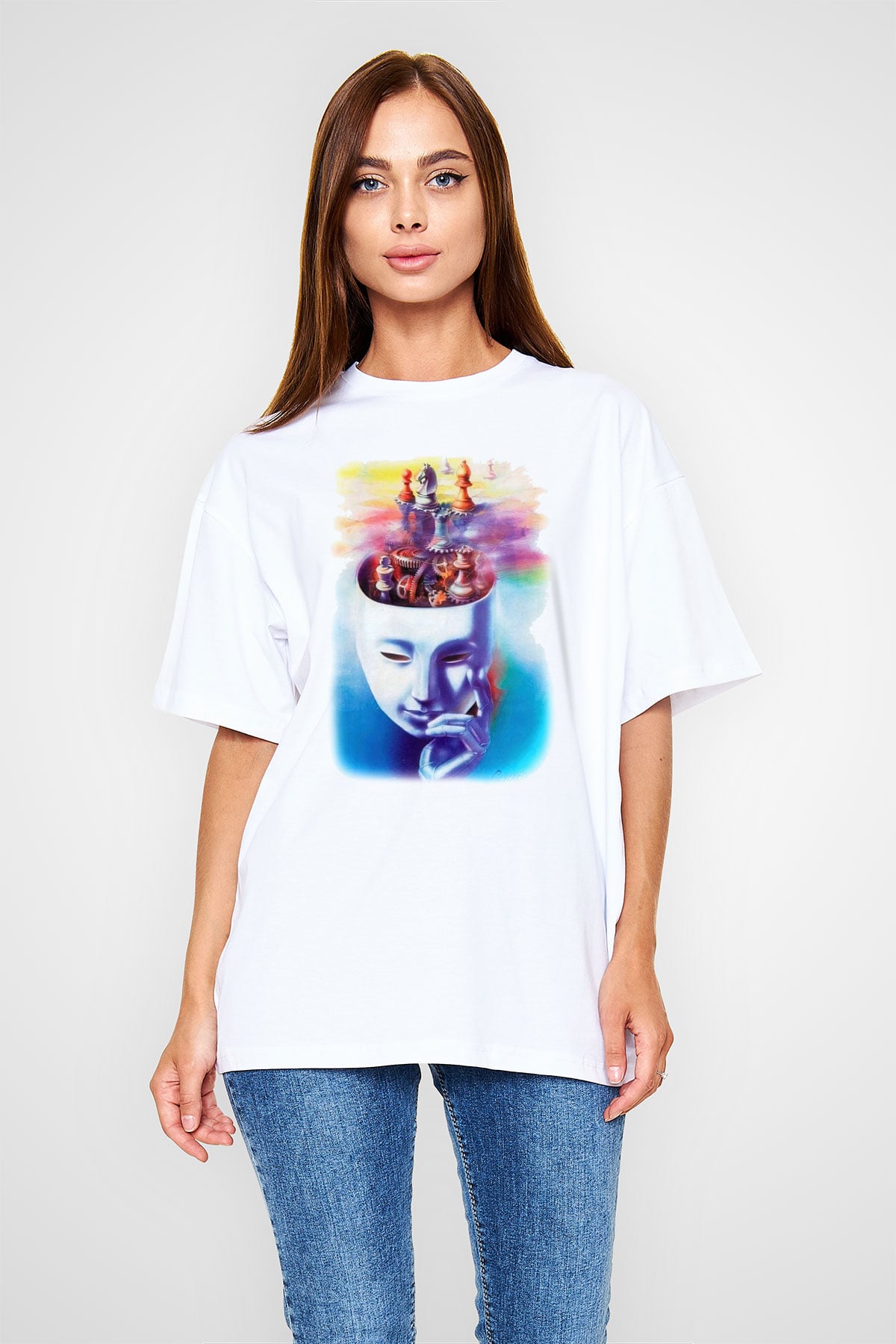 Satranç Beyaz Unisex Oversize Tişört T-Shirt