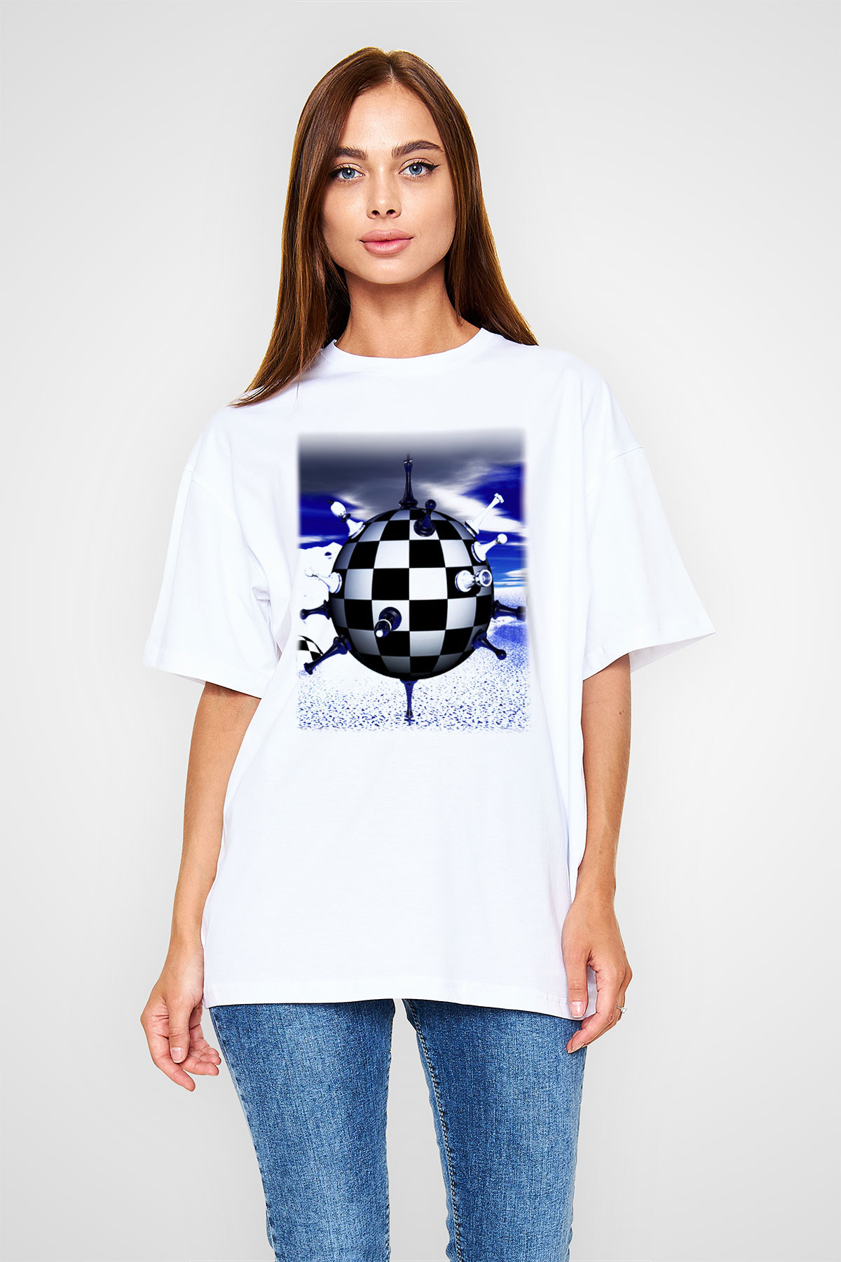 Satranç Beyaz Unisex Oversize Tişört T-Shirt