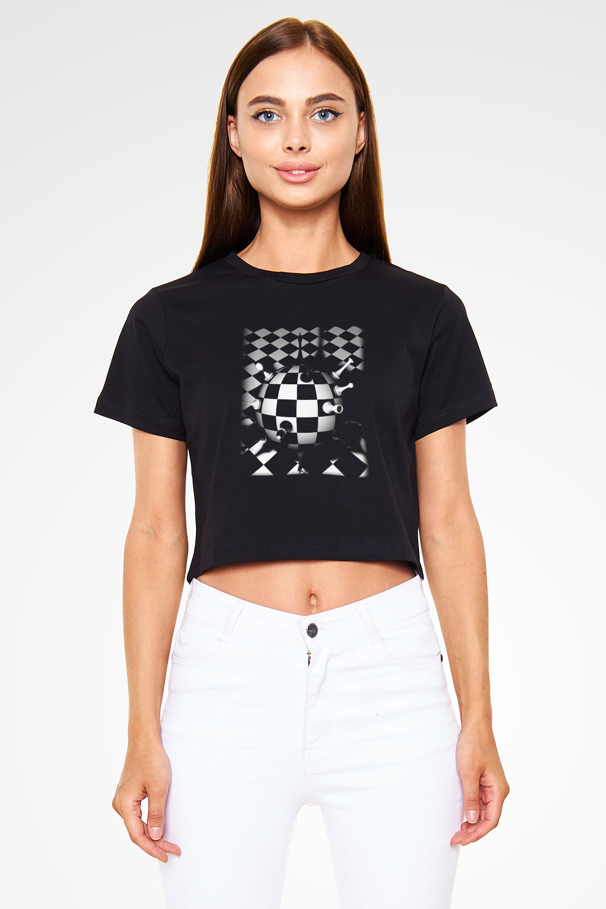 Satranç Siyah Crop Top Tişört