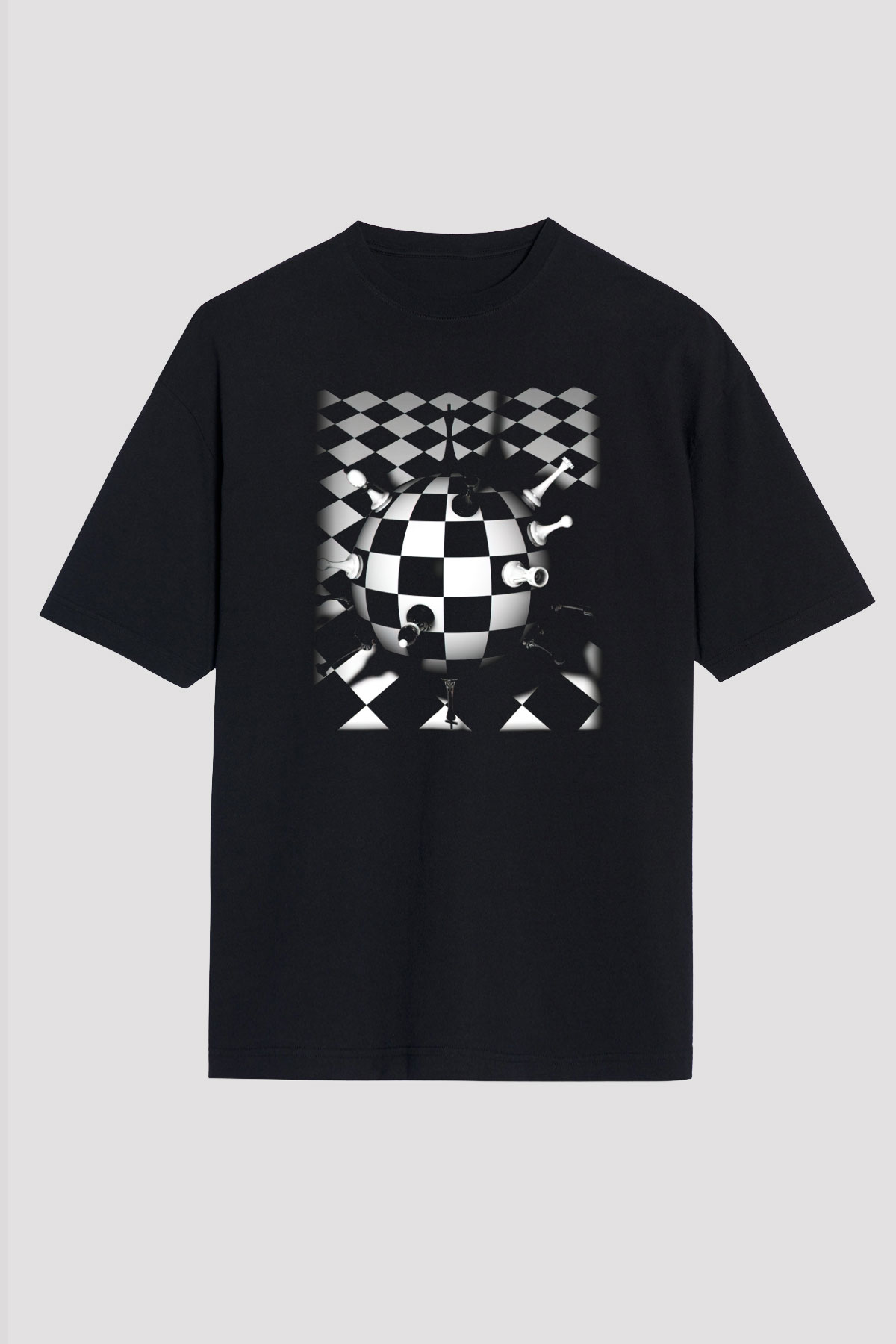 Satranç Siyah Unisex Oversize Tişört T-Shirt