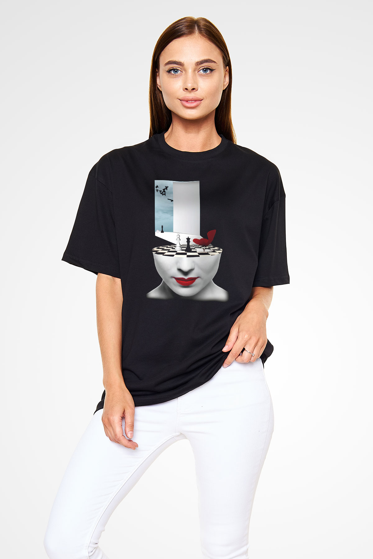 Satranç Siyah Unisex Oversize Tişört T-Shirt