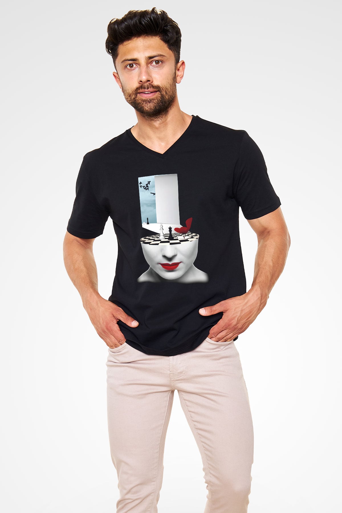 Satranç Siyah Unisex V Yaka Tişört T-Shirt