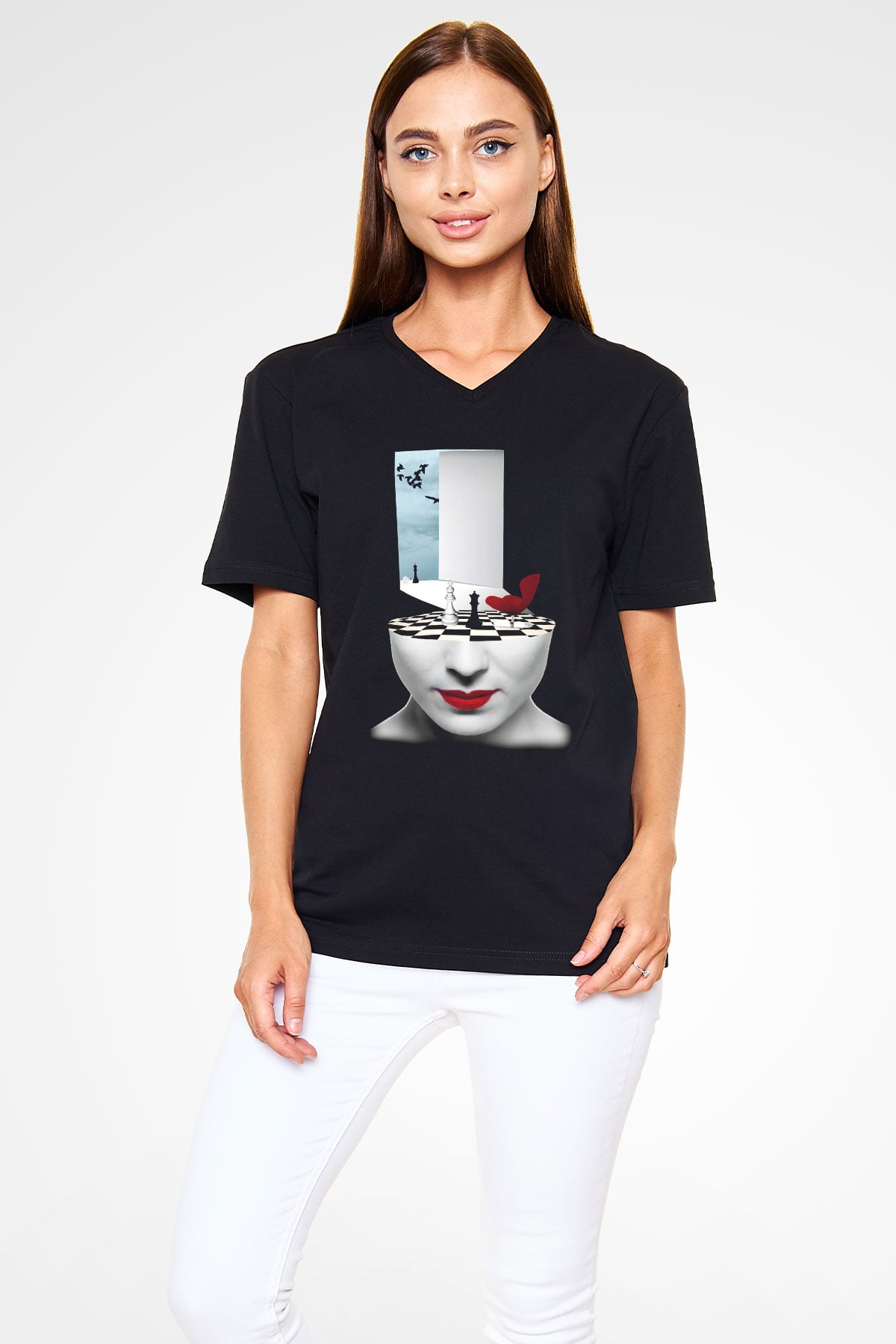Satranç Siyah Unisex V Yaka Tişört T-Shirt