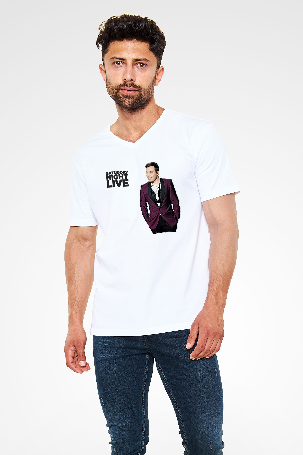 Saturday Night Live Beyaz Unisex V Yaka Tişört