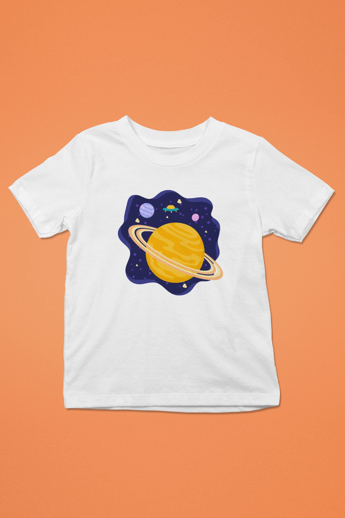 Satürn Baskılı Beyaz Unisex Çocuk Tişört