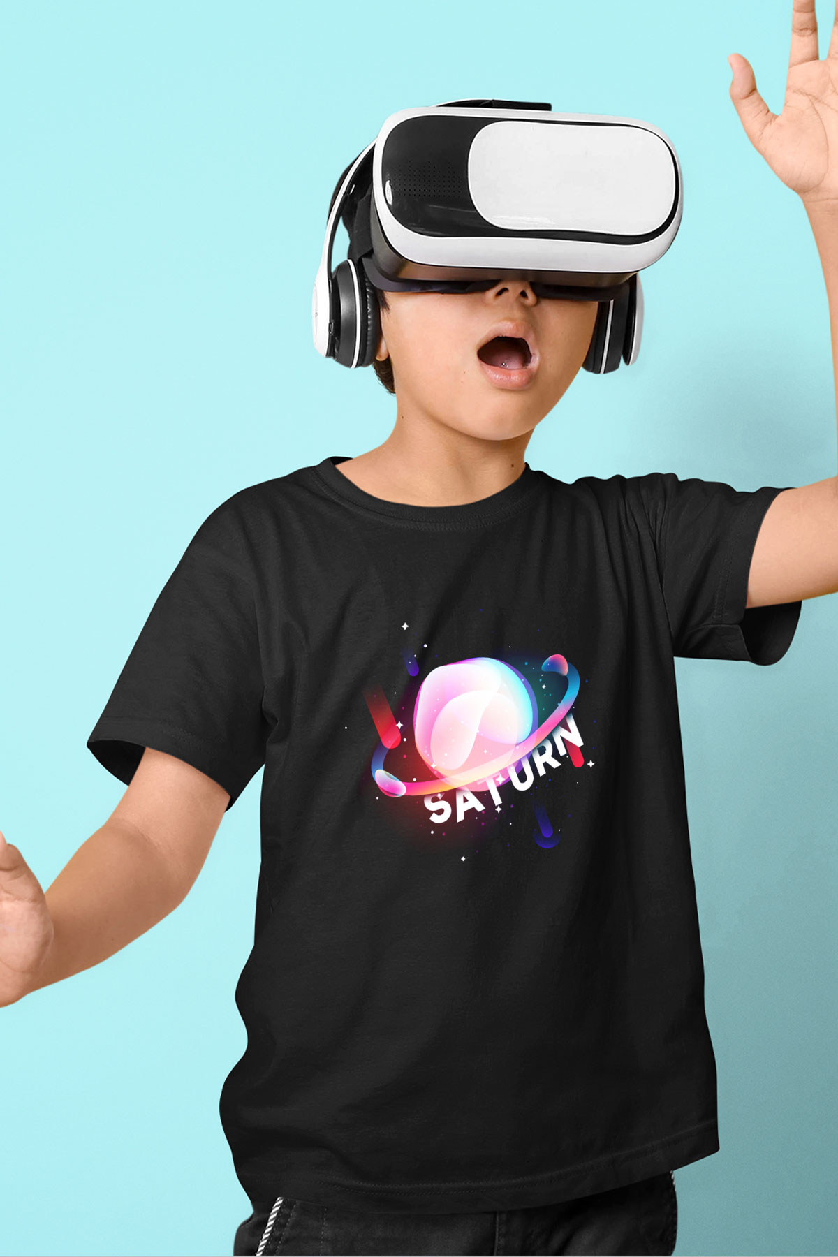 Satürn Baskılı Siyah Unisex Çocuk Tişört
