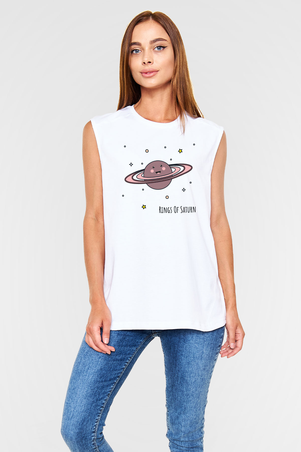 Satürn Beyaz Unisex Kolsuz Tişört
