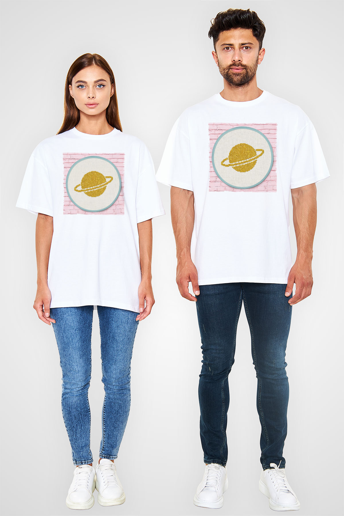 Satürn Beyaz Oversize Tişört Oversize T-shirt - TişörtFabrikası