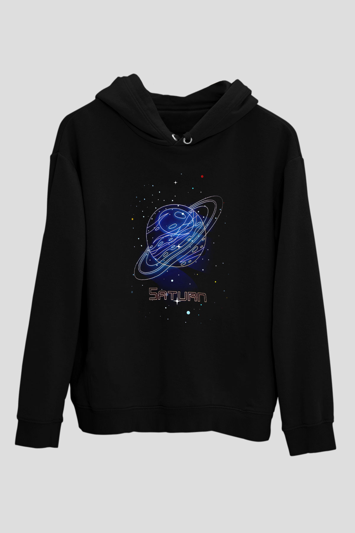 Satürn Çizim Baskılı Unisex Siyah Kapüşonlu Sweatshirt