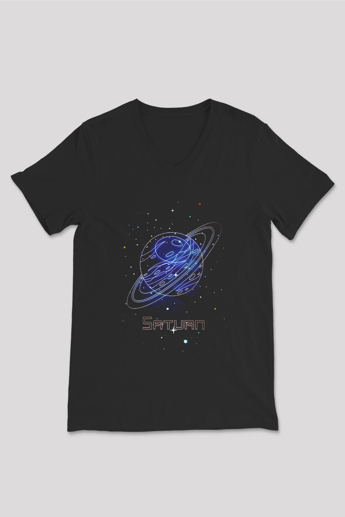 Satürn Çizim Baskılı Unisex V Yaka Siyah Tİşört - Tshirt