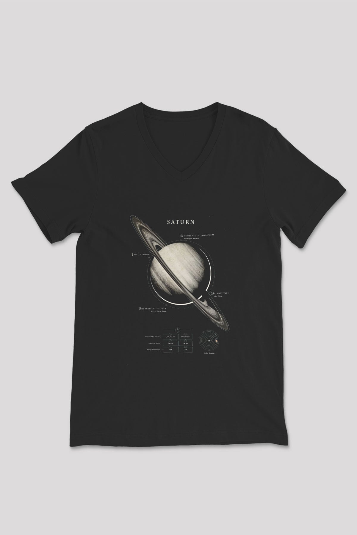 Satürn Fiziksel Özellikleri Baskılı Unisex V Yaka Siyah Tİşört - Tshirt