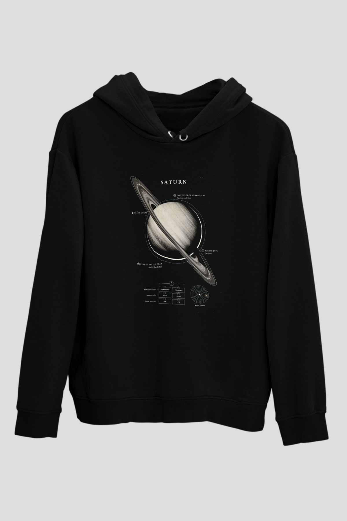 Satürn Fiziksel Özellikleri Baskılı Unisex Siyah Kapüşonlu Sweatshirt