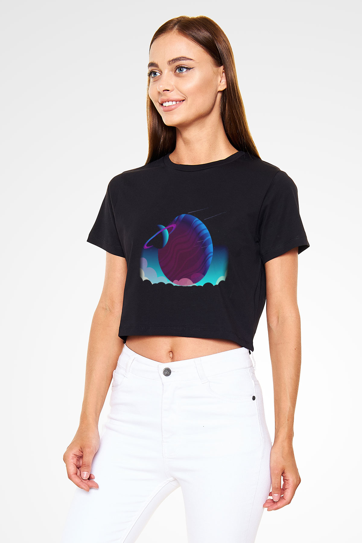 Satürn Siyah Crop Top Tişört