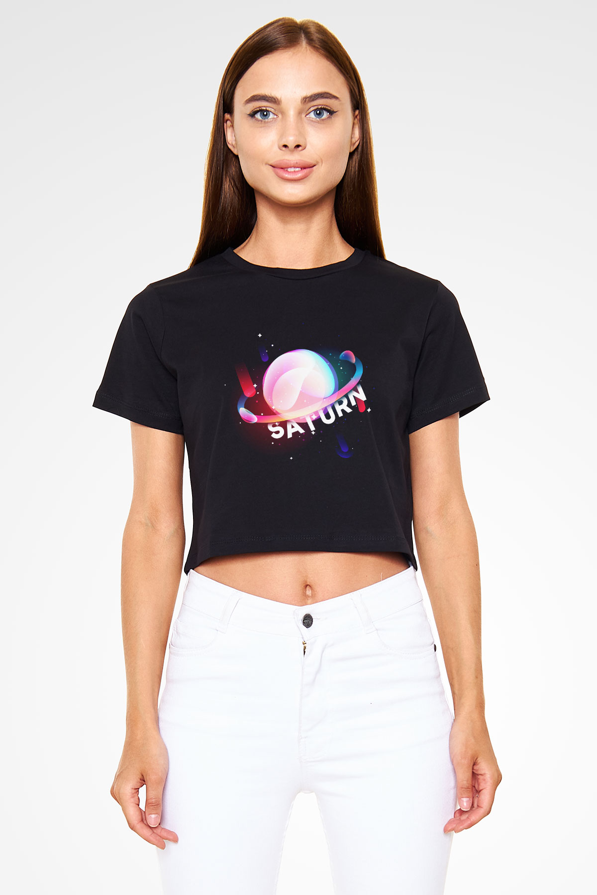 Satürn Siyah Crop Top Tişört
