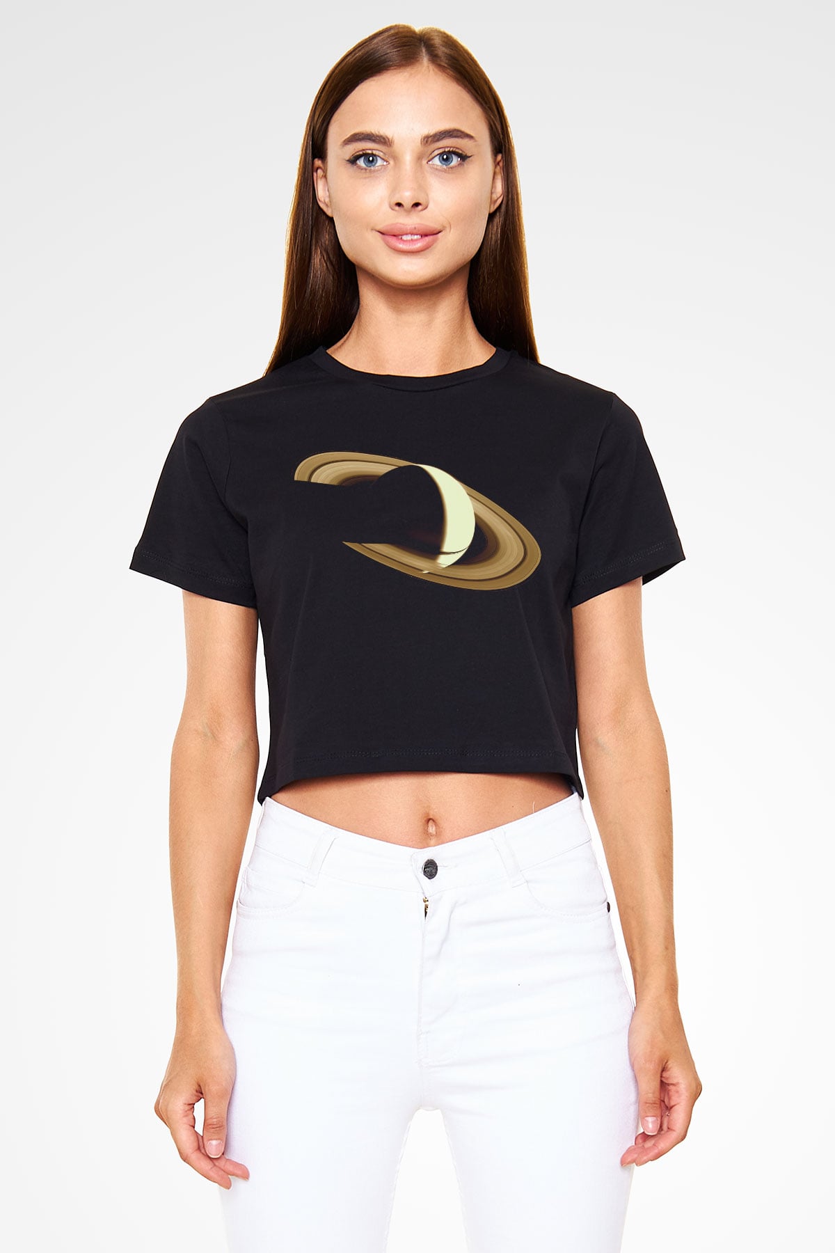 Satürn Siyah Crop Top Tişört