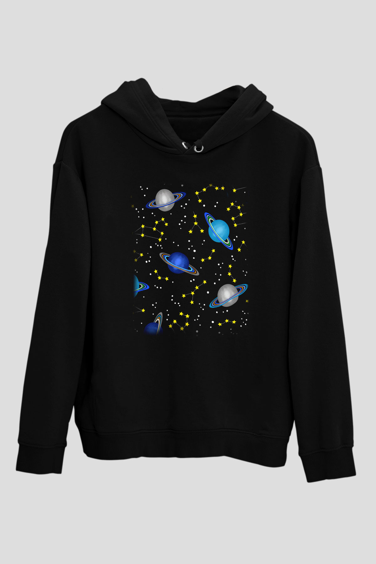 Satürn Siyah Unisex Hoodie