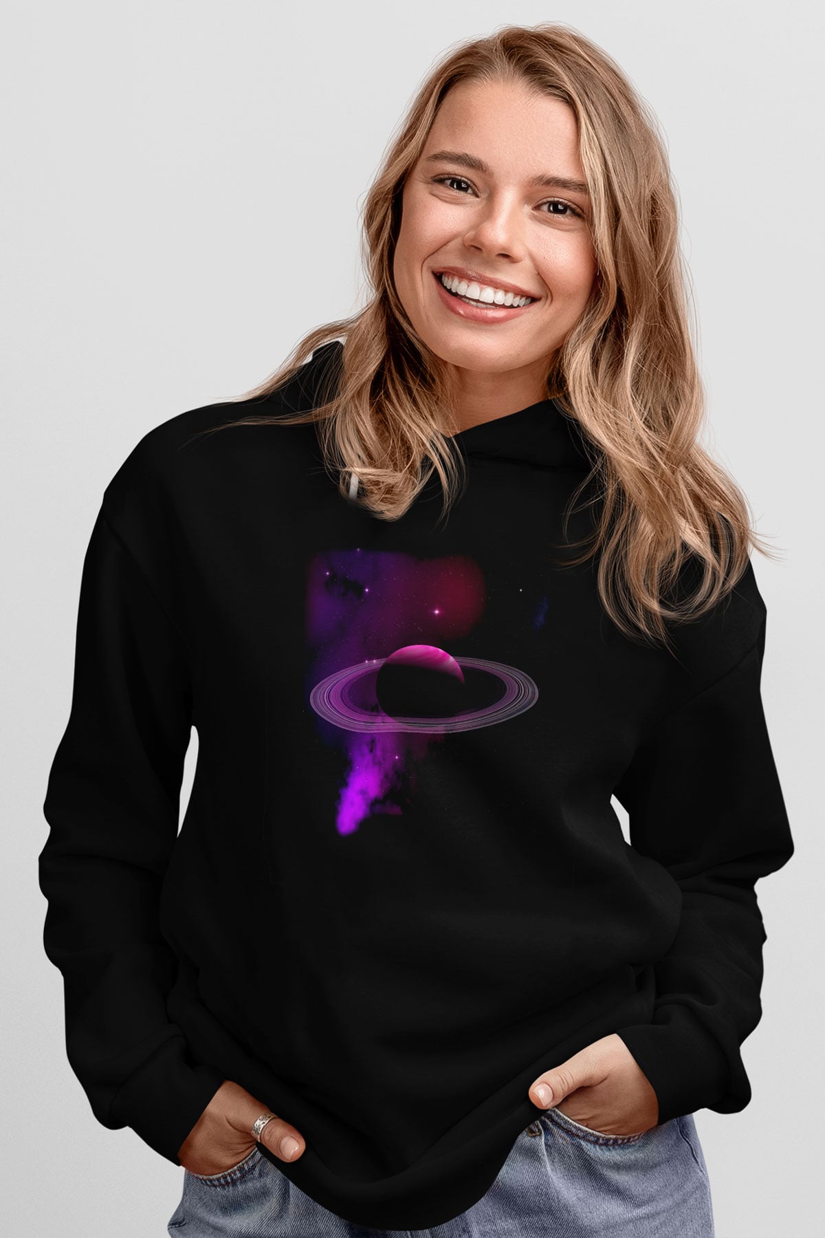 Satürn Siyah Unisex Hoodie