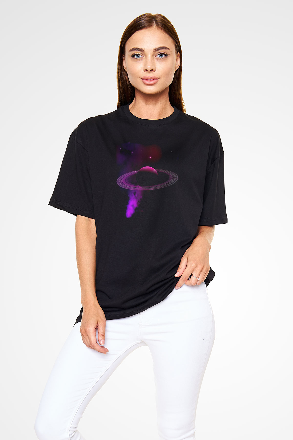 Satürn Siyah Unisex Oversize Tişört T-Shirt