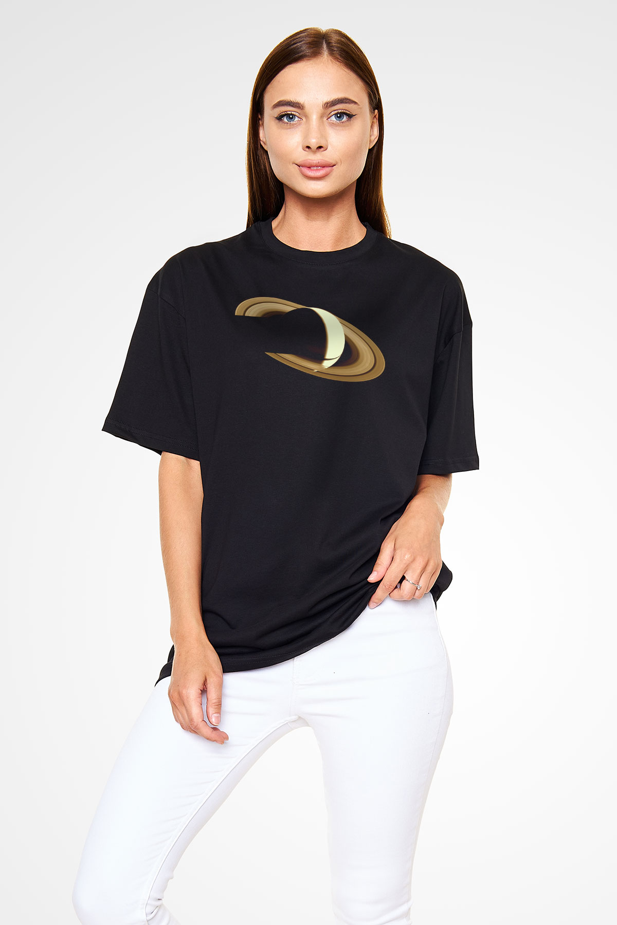 Satürn Siyah Unisex Oversize Tişört T-Shirt
