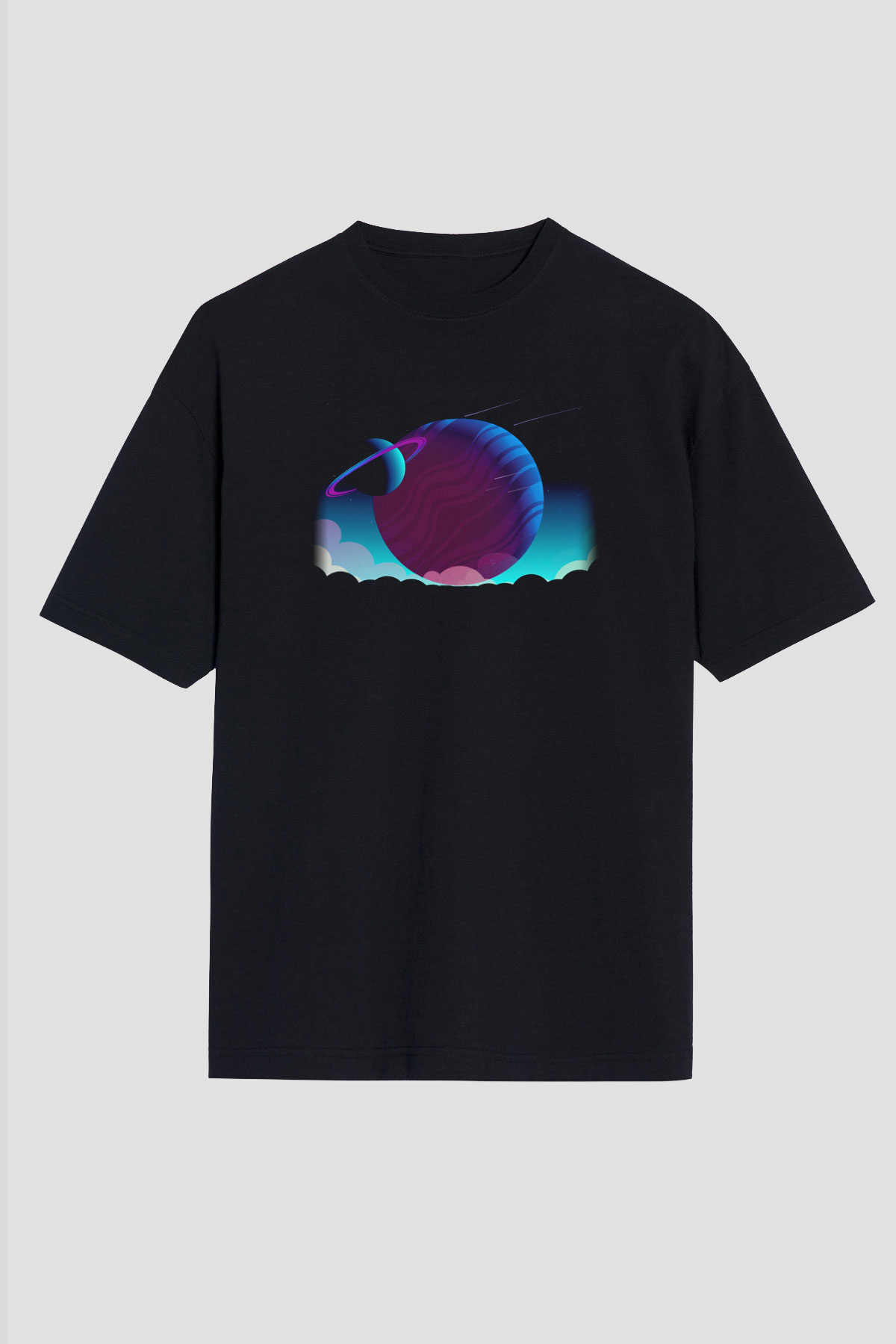 Satürn Siyah Unisex Oversize Tişört T-Shirt