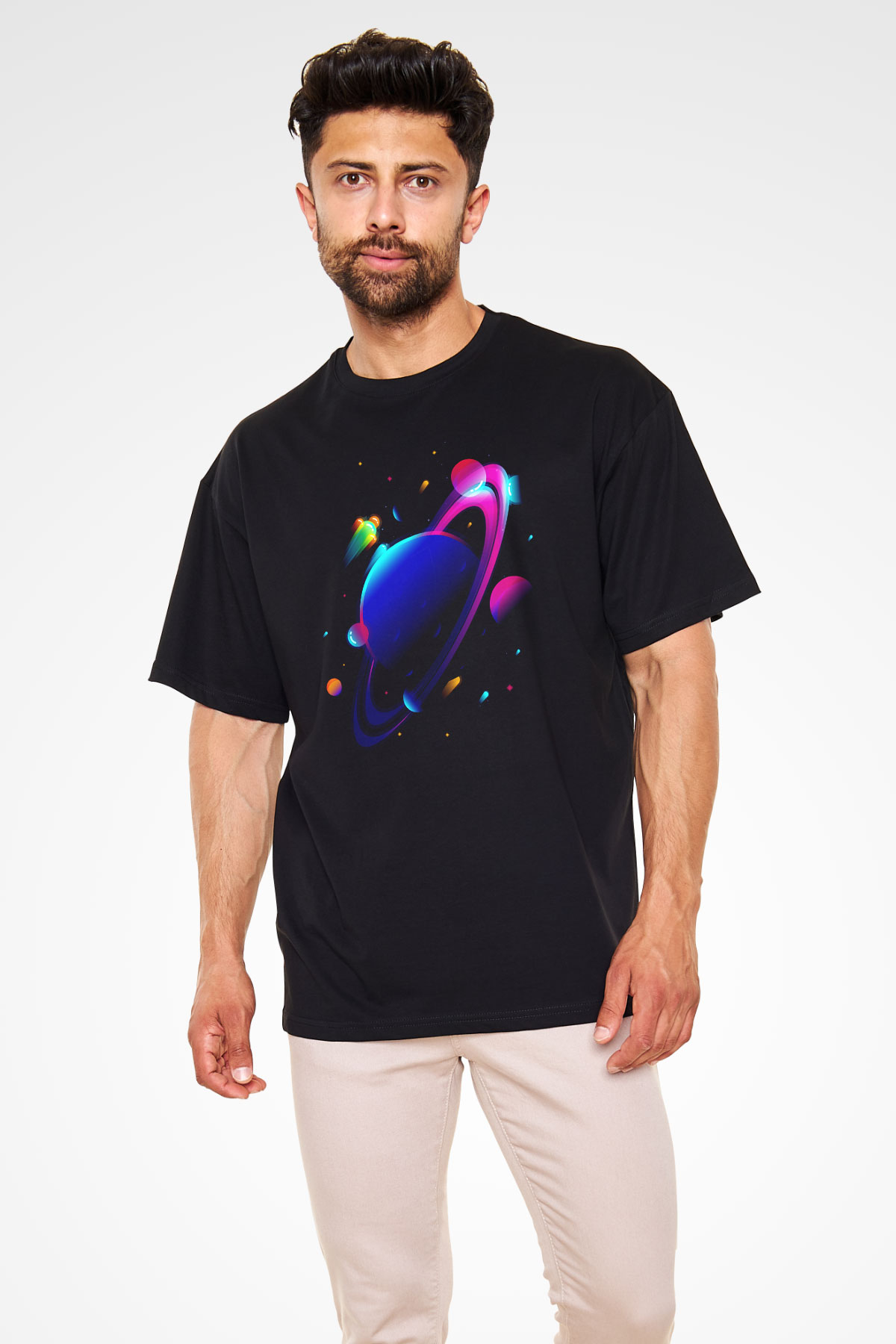 Satürn Siyah Unisex Oversize Tişört T-Shirt