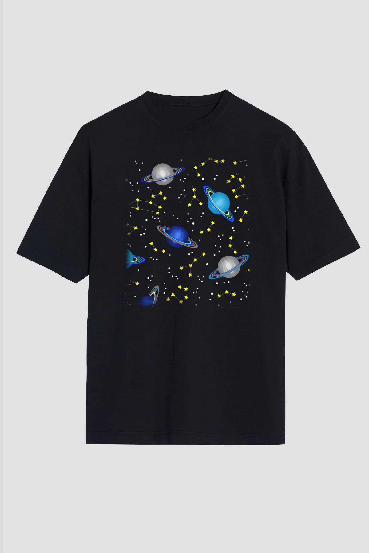 Satürn Siyah Unisex Oversize Tişört T-Shirt
