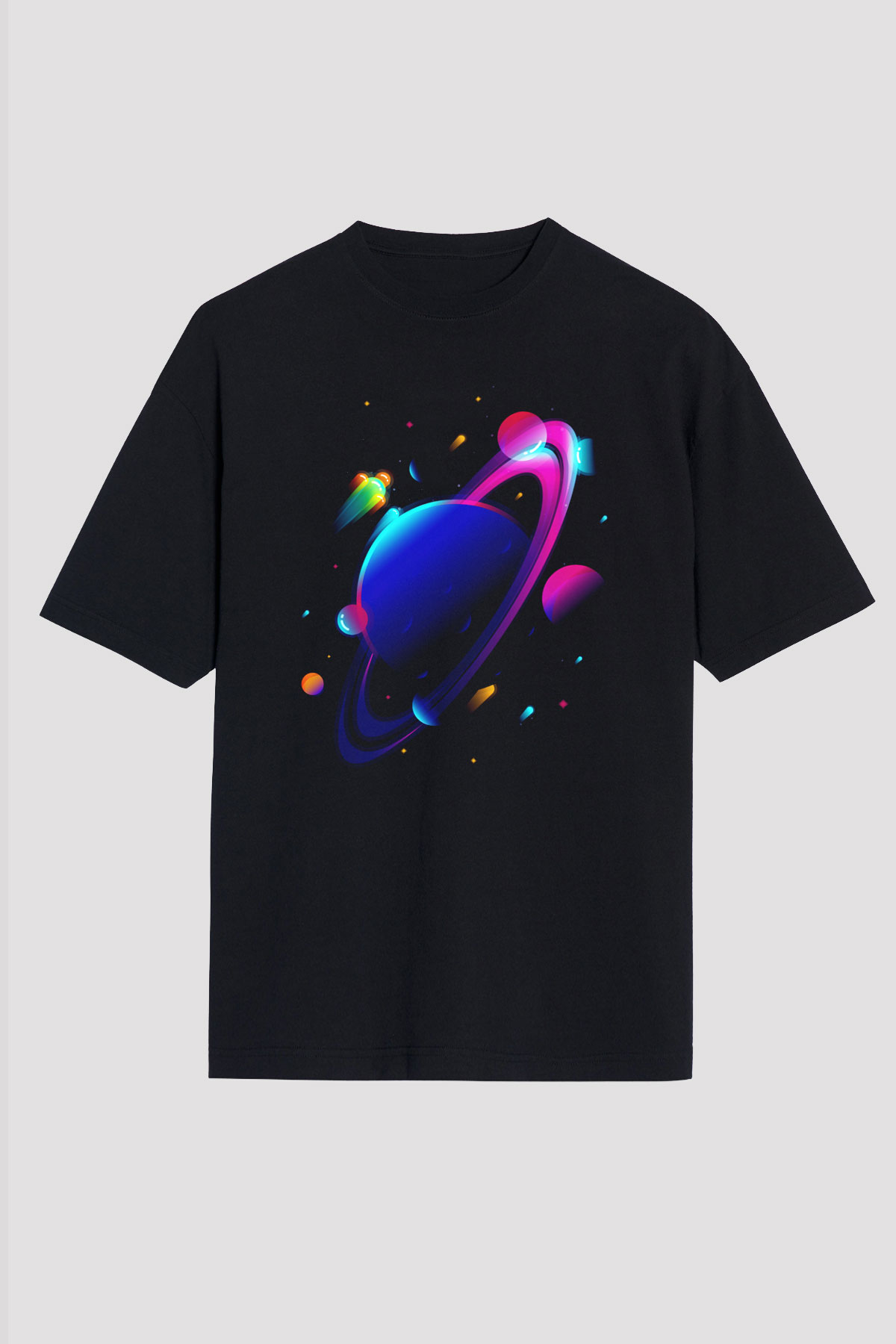 Satürn Siyah Unisex Oversize Tişört T-Shirt