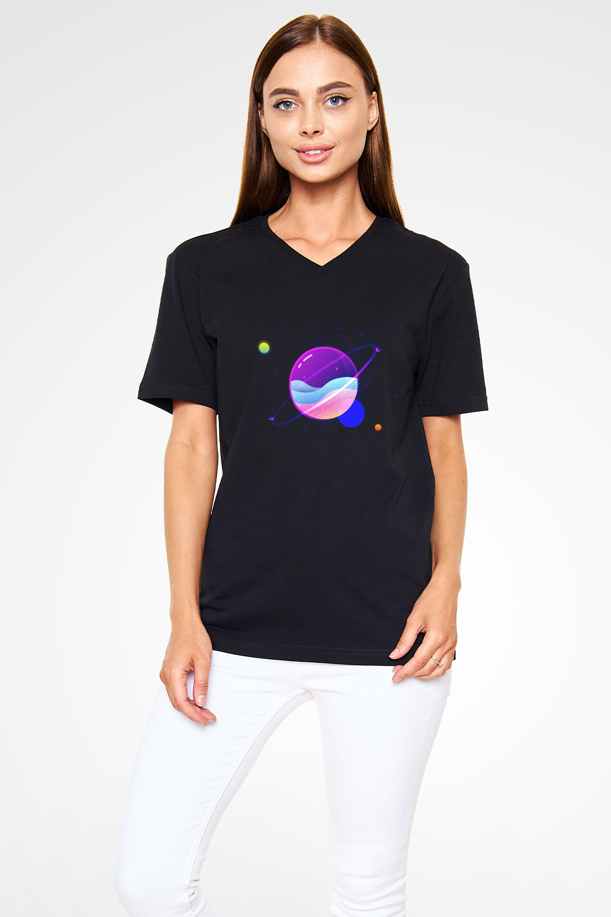 Satürn Siyah Unisex V Yaka Tişört