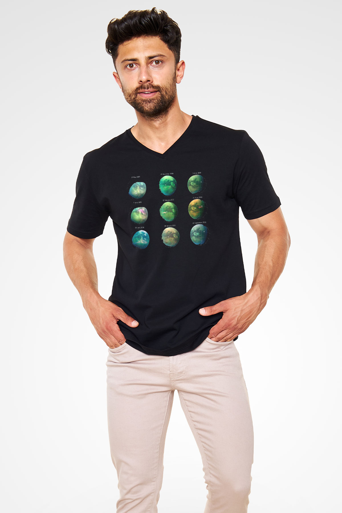 Satürn Siyah Unisex V Yaka Tişört