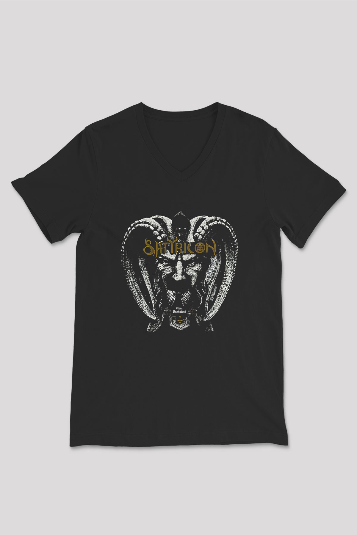 Satyricon Baskılı Unisex Siyah V Yaka Tişört - Tshirt
