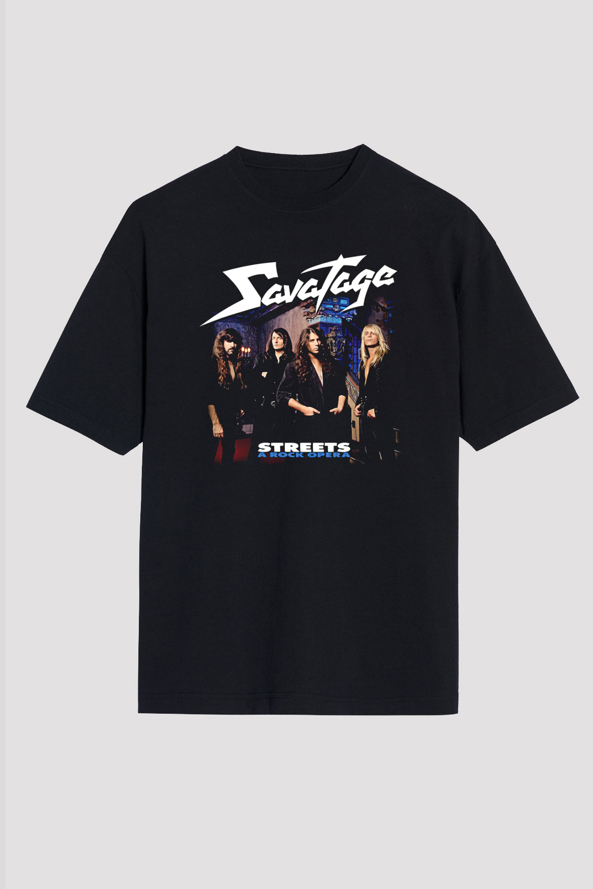 Savatage Baskılı Unisex Siyah Oversize Tişört - Tshirt
