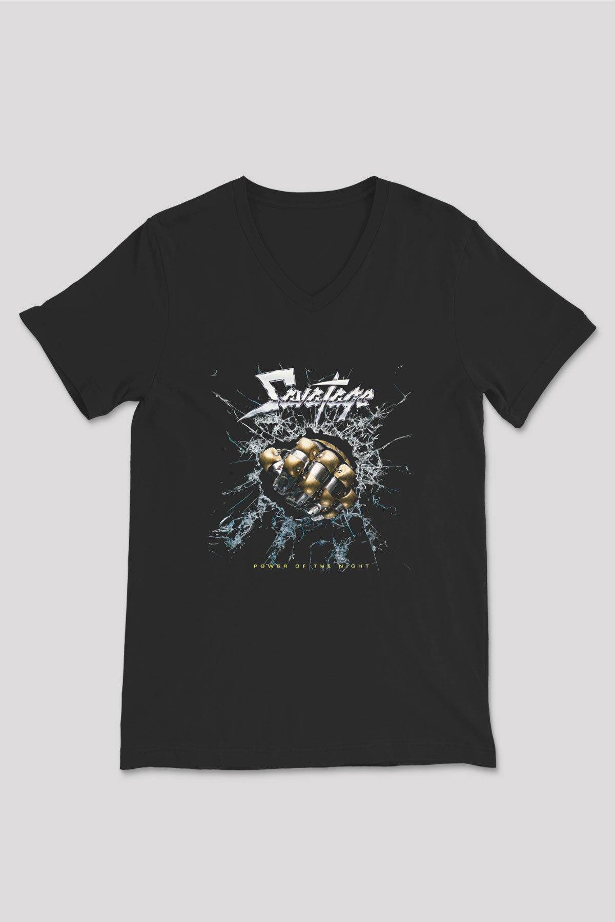 Savatage Baskılı Unisex Siyah V Yaka Tişört - Tshirt