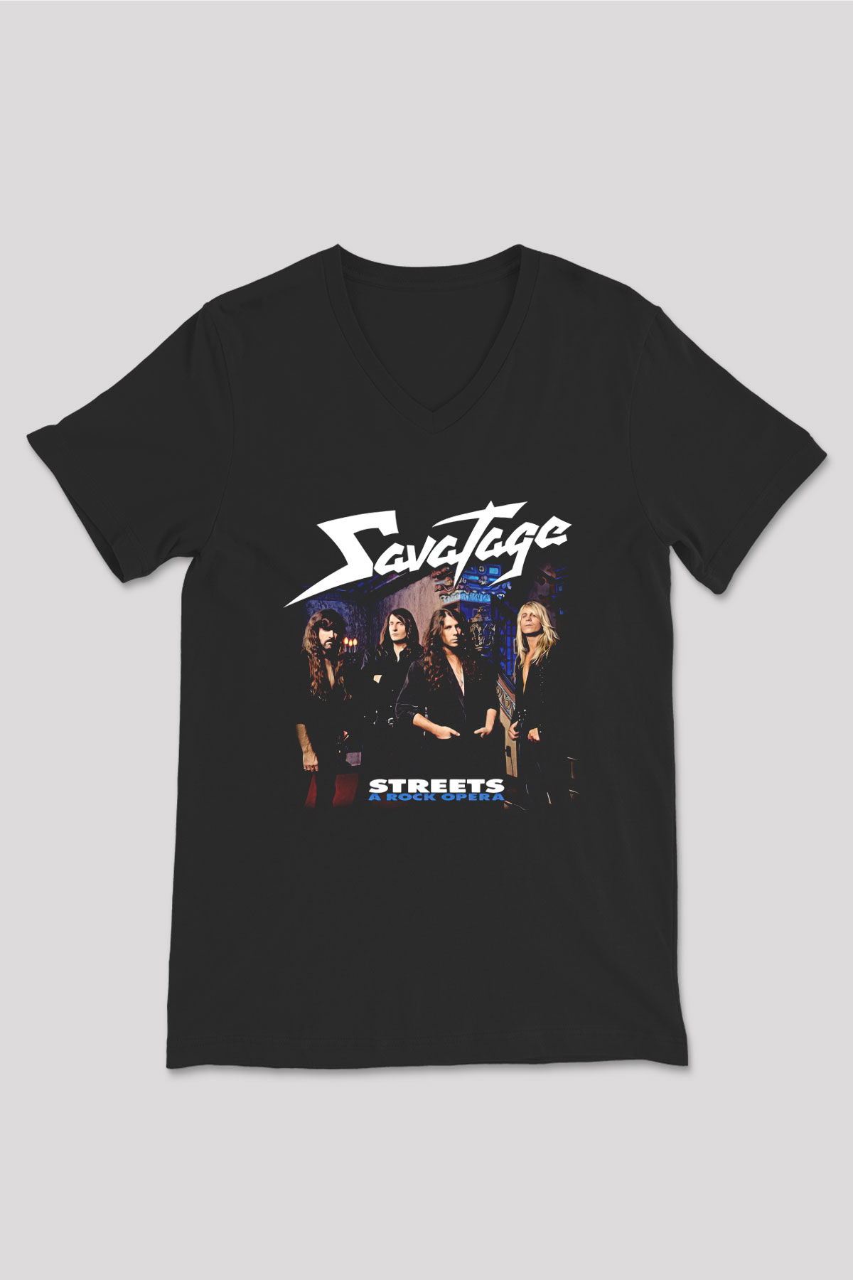 Savatage Baskılı Unisex Siyah V Yaka Tişört - Tshirt