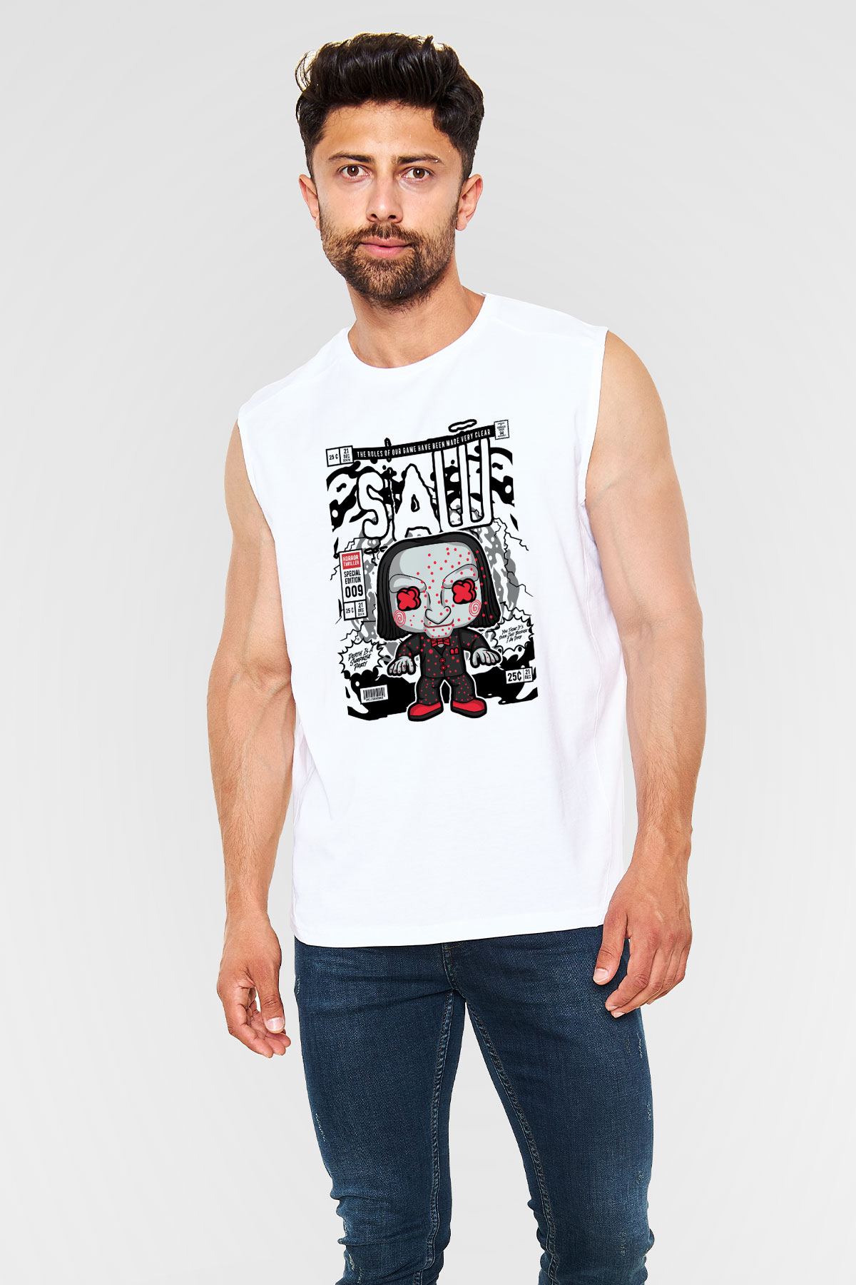 SAW - Billy Baskılı Unisex Beyaz Kolsuz Tişört