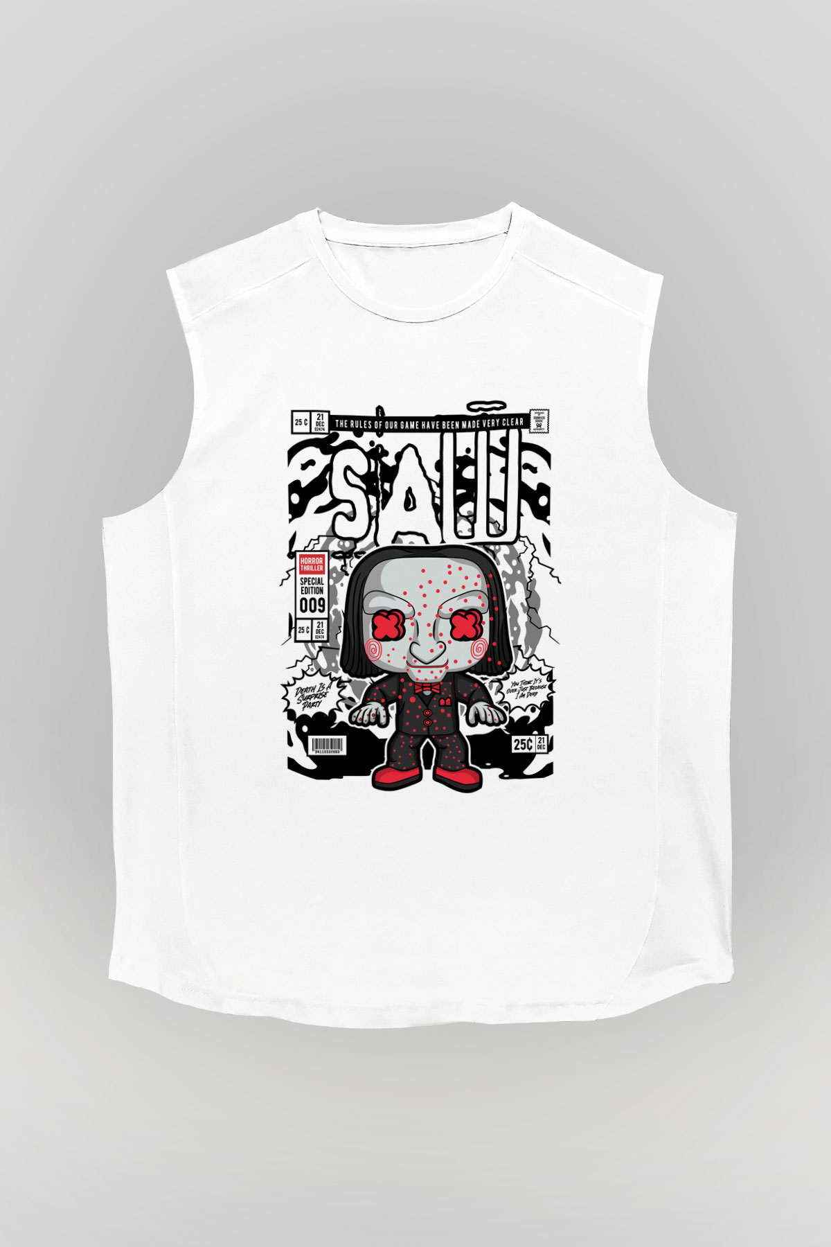 SAW - Billy Baskılı Unisex Beyaz Kolsuz Tişört