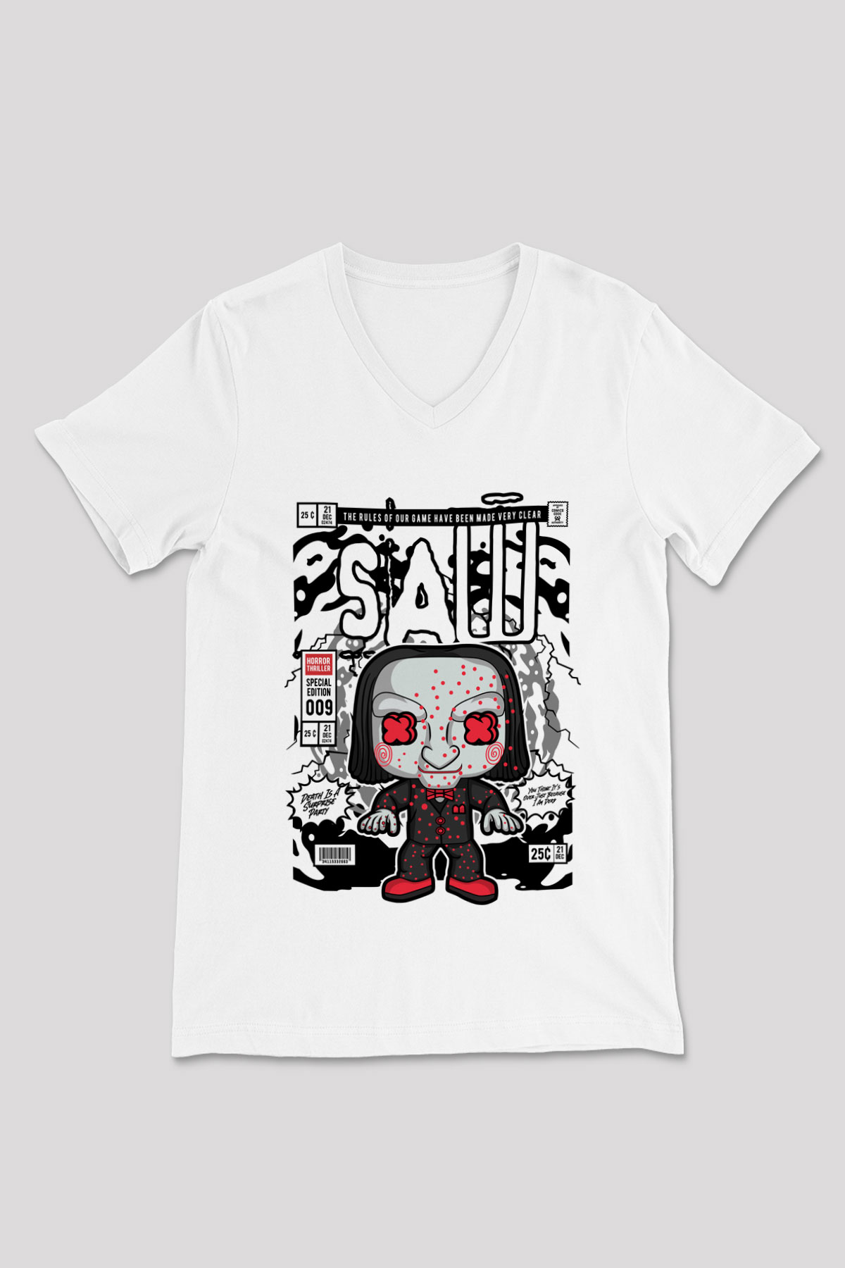 SAW - Billy Baskılı Unisex Beyaz V Yaka Tişört