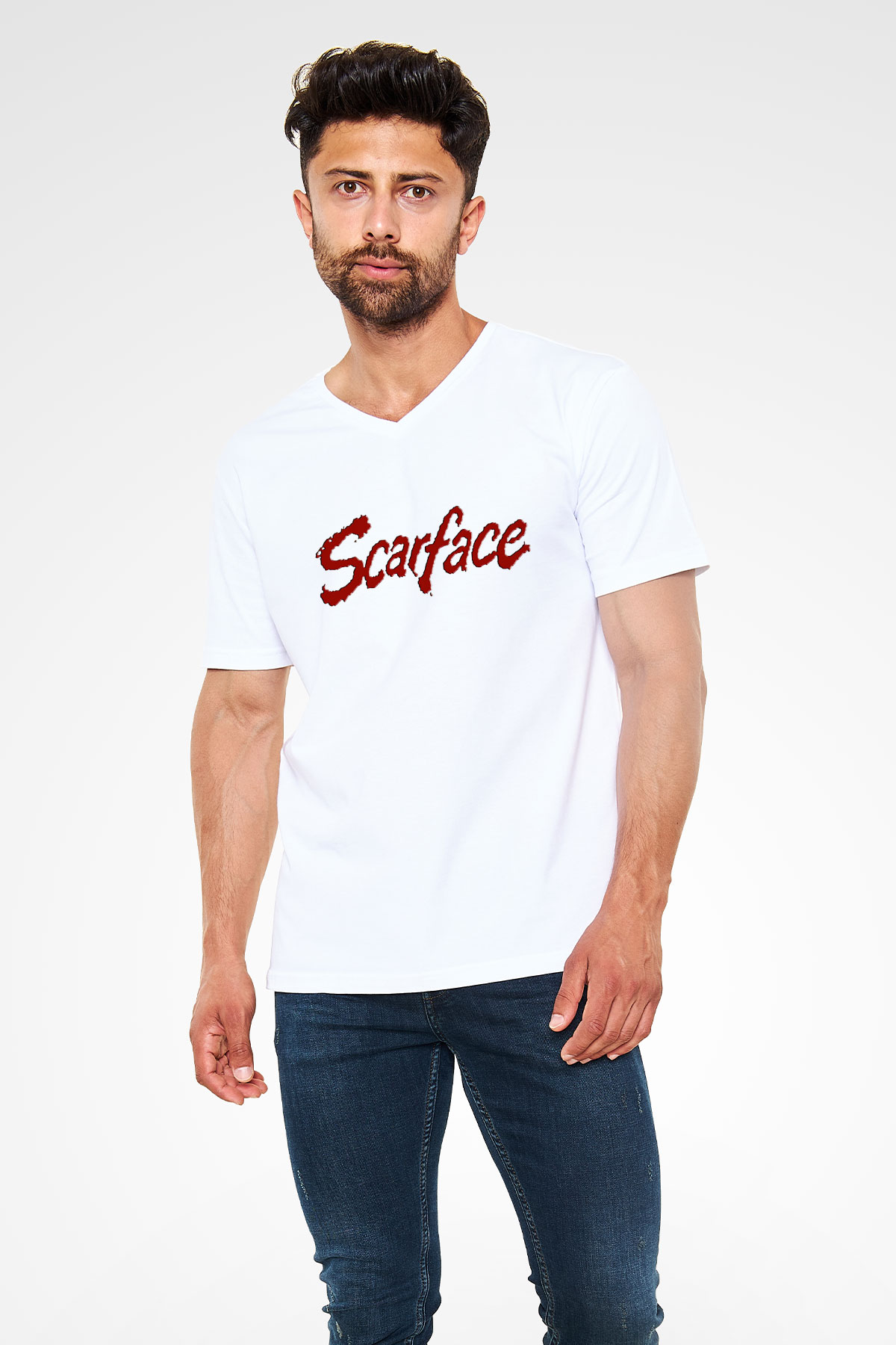Scarface Beyaz Unisex V Yaka Tişört T-Shirt
