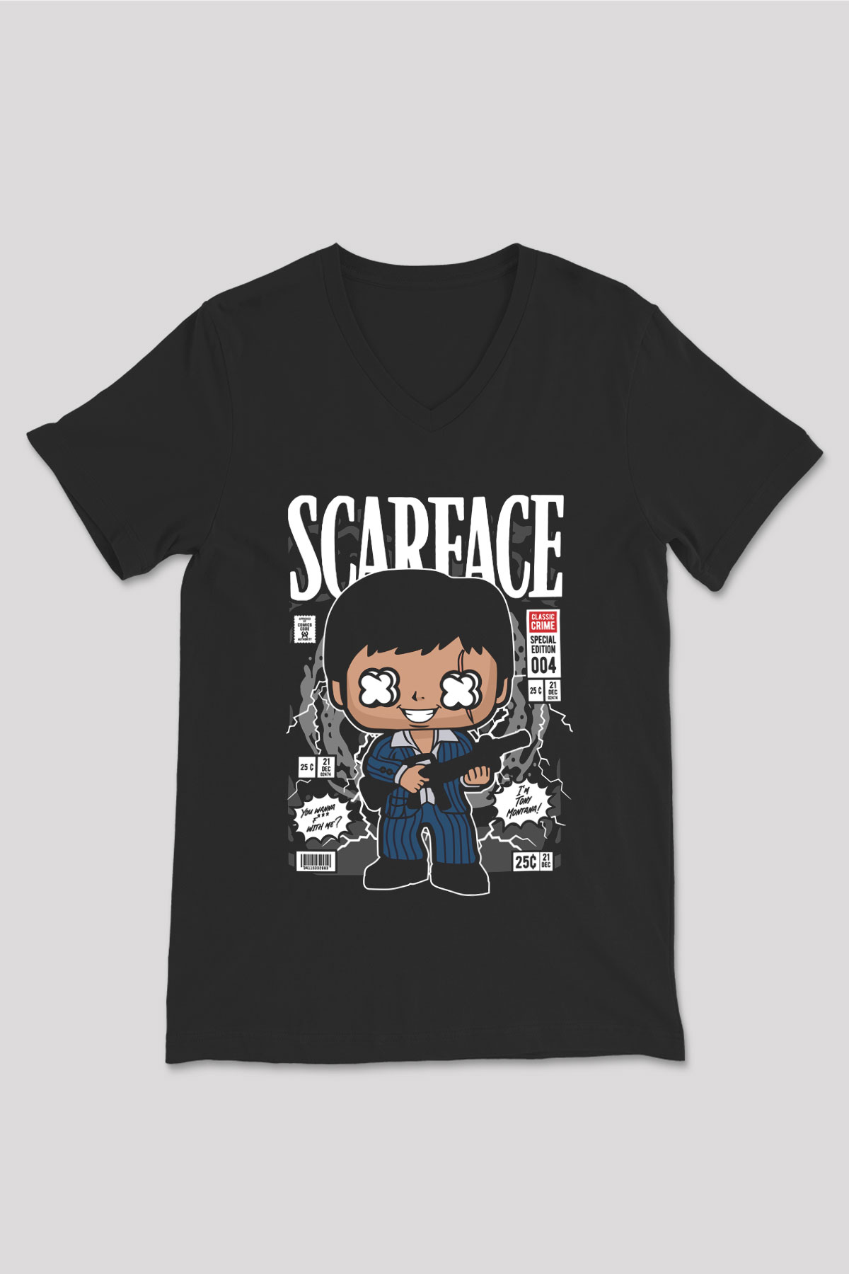 Scarface Tony Montana Baskılı Unisex Siyah V Yaka Tişört