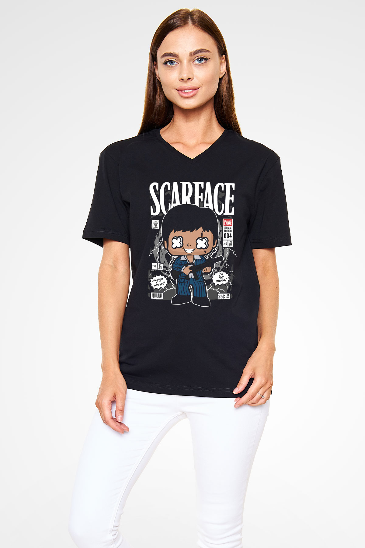Scarface Tony Montana Baskılı Unisex Siyah V Yaka Tişört