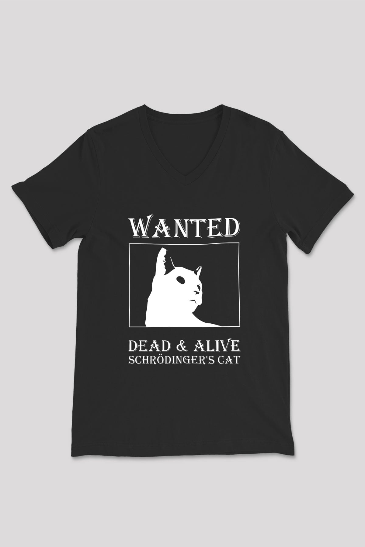 Schrödingerin Kedisi Aranıyor Baskılı Unisex V Yaka Siyah Tİşört - Tshirt