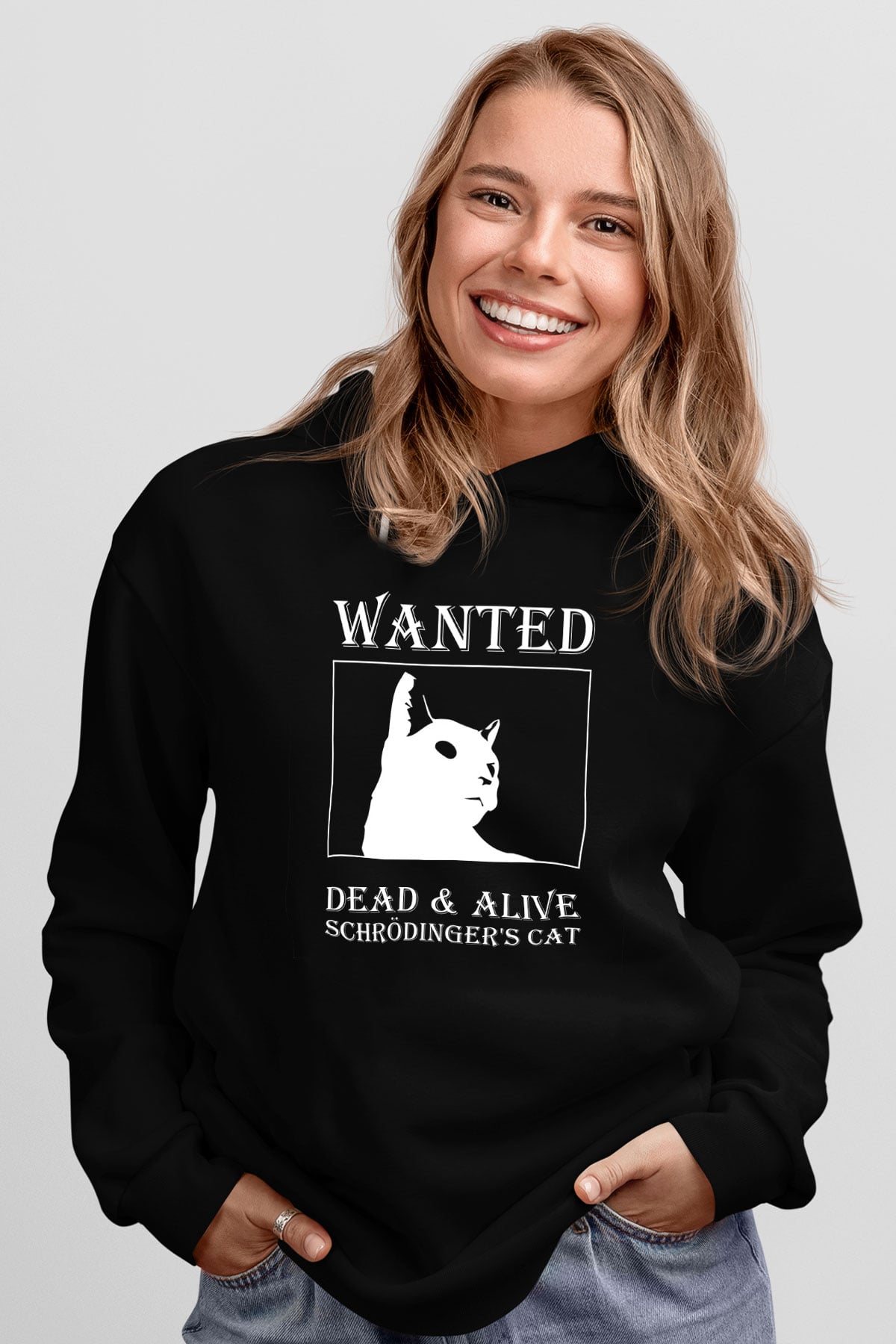 Schrödingerin Kedisi Aranıyor Baskılı Unisex Siyah Kapüşonlu Sweatshirt