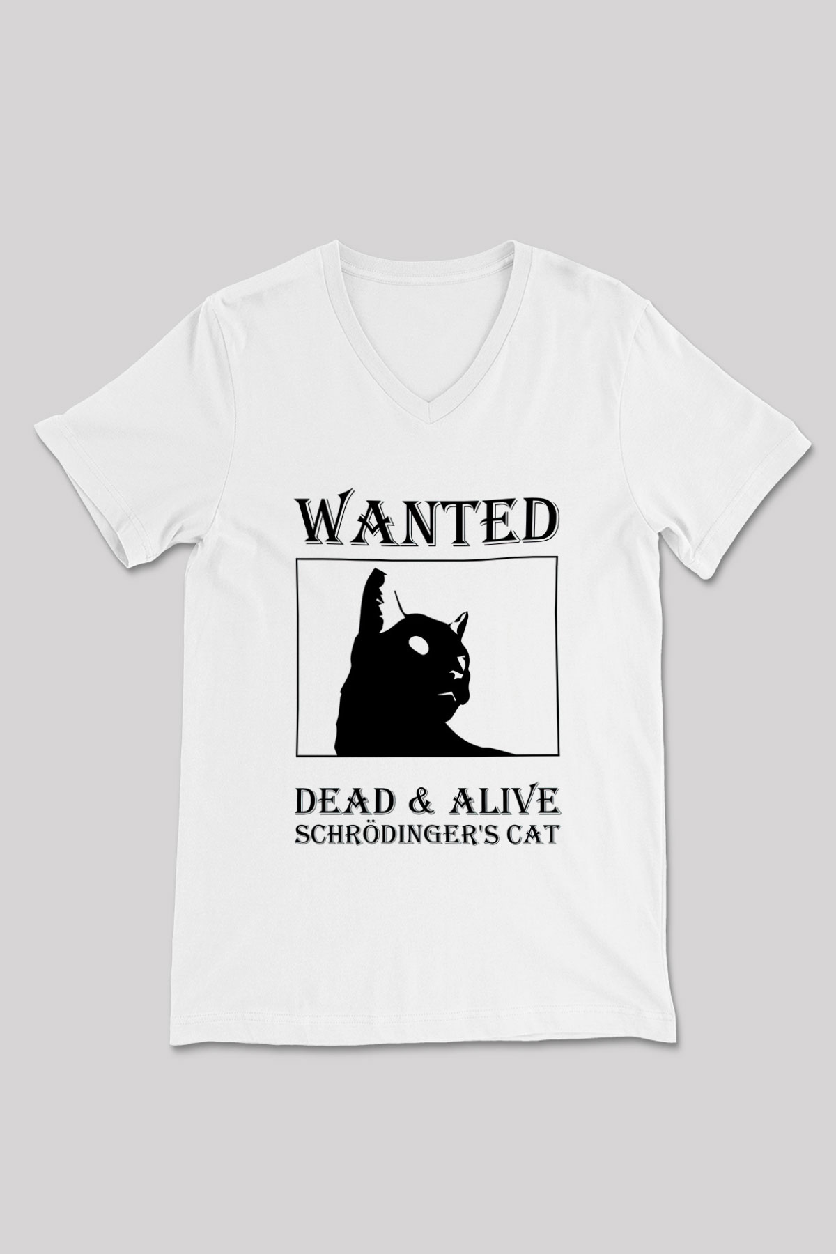 Schrödingerin Kedisi Aranıyor Baskılı Unisex V Yaka Beyaz Tişört - Tshirt