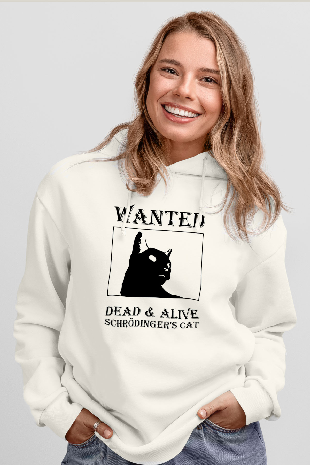 Schrödingerin Kedisi Aranıyor Baskılı Unisex Ekru Hoodie