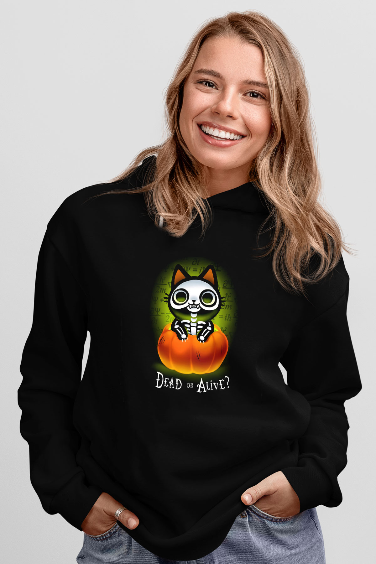 Schrödingerin Kedisi Balkabağı Baskılı Unisex Siyah Kapüşonlu Sweatshirt