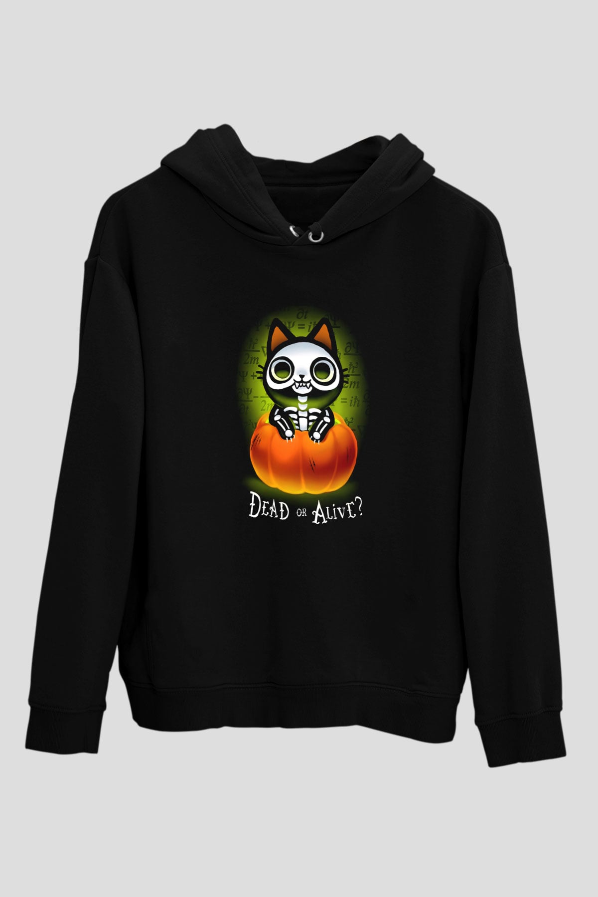 Schrödingerin Kedisi Balkabağı Baskılı Unisex Siyah Kapüşonlu Sweatshirt