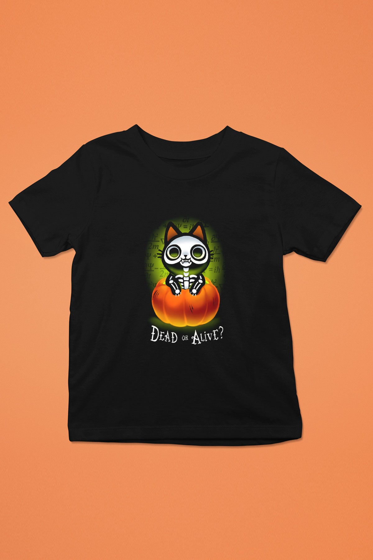 Schrödingerin Kedisi Balkabağı Baskılı Unisex Siyah Çocuk Tişörtü - Tshirt