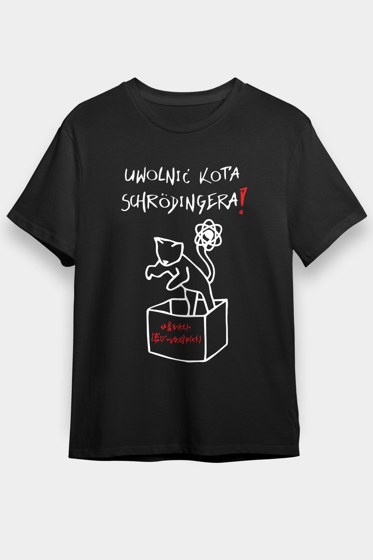 Schrödingerin Kedisi  Baskılı Unisex Siyah Tişört